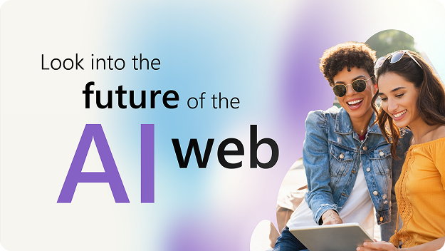 image with the text "Look into the future of the AI web" and two women looking at a screen.